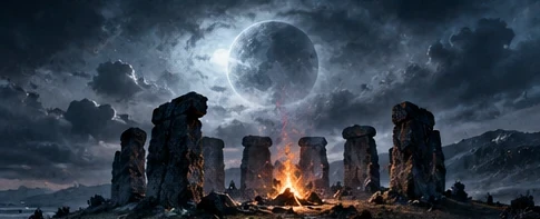 Standing stones under a cold blue moon