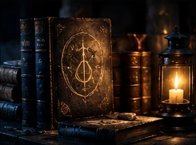Antique books with a glowing magical symbol and lantern