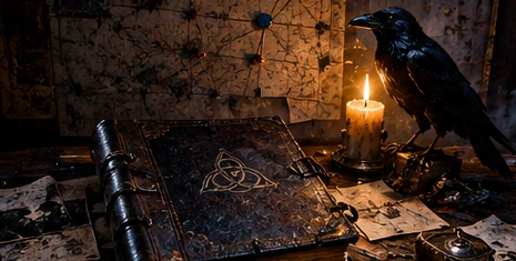 Raven perched beside an old book and a candle