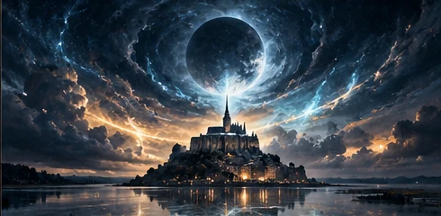 A mysterious fortress on an island beneath a moonlit sky